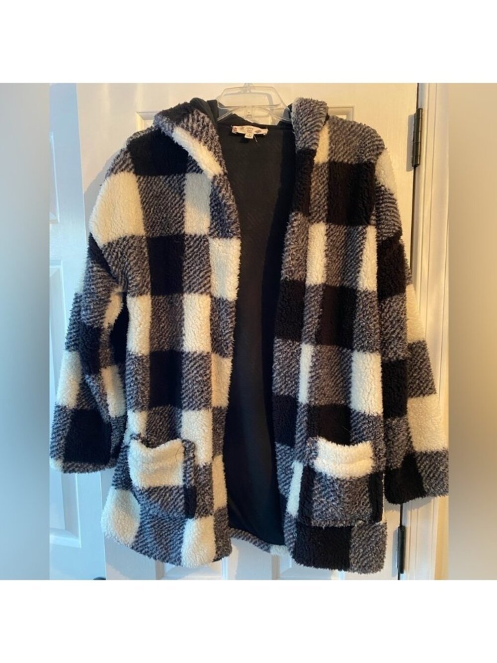 Hippie Rose Black and White Buffalo Check Hooded Sherpa Shacket Size L